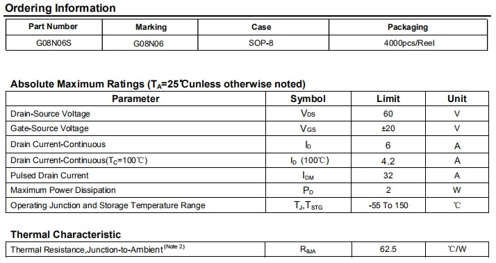 G08n06s 60V 6A Original Hot Sale Diodes Mosfet Wholesale Transistor